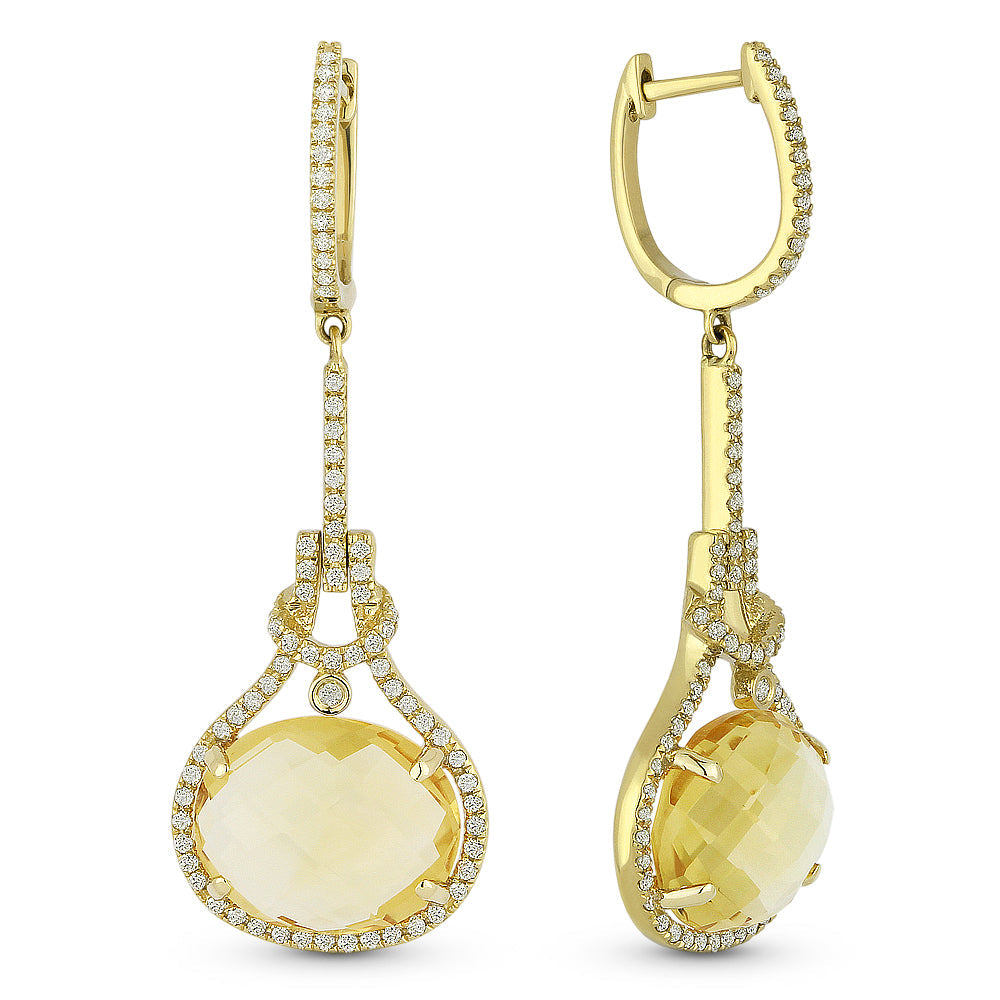 Beautiful Hand Crafted 14K Yellow Gold 15X10MM Citrine And Diamond Eclectica Collection Drop Dangle Earrings With A Lever Back Closure