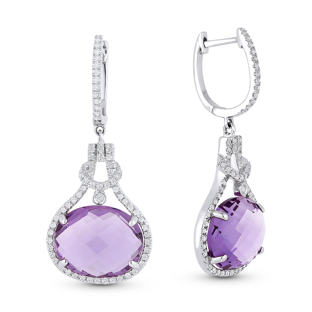 Beautiful Hand Crafted 14K White Gold 12X10MM Amethyst And Diamond Eclectica Collection Drop Dangle Earrings With A Lever Back Closure