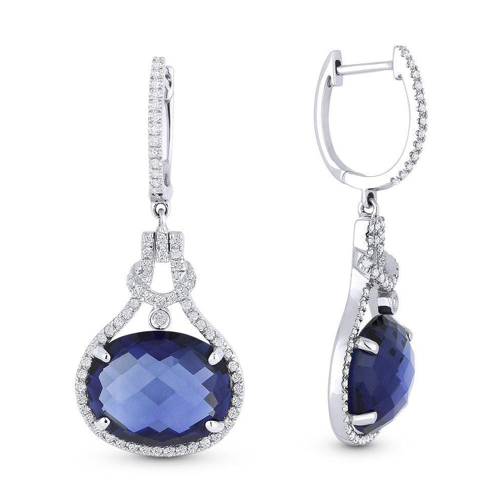 Beautiful Hand Crafted 14K White Gold 12X10MM Created Sapphire And Diamond Eclectica Collection Drop Dangle Earrings With A Lever Back Closure