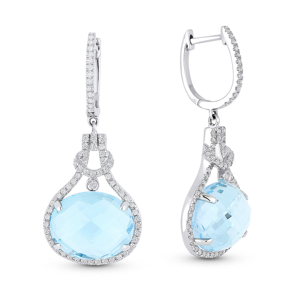 Beautiful Hand Crafted 14K White Gold 12X10MM Blue Topaz And Diamond Eclectica Collection Drop Dangle Earrings With A Lever Back Closure