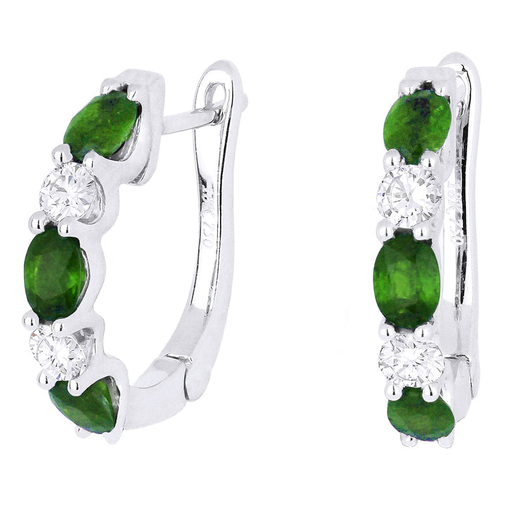 Beautiful Hand Crafted 14K White Gold 17MM Emerald And Diamond Arianna Collection Hoop Earrings With A Hoop Closure