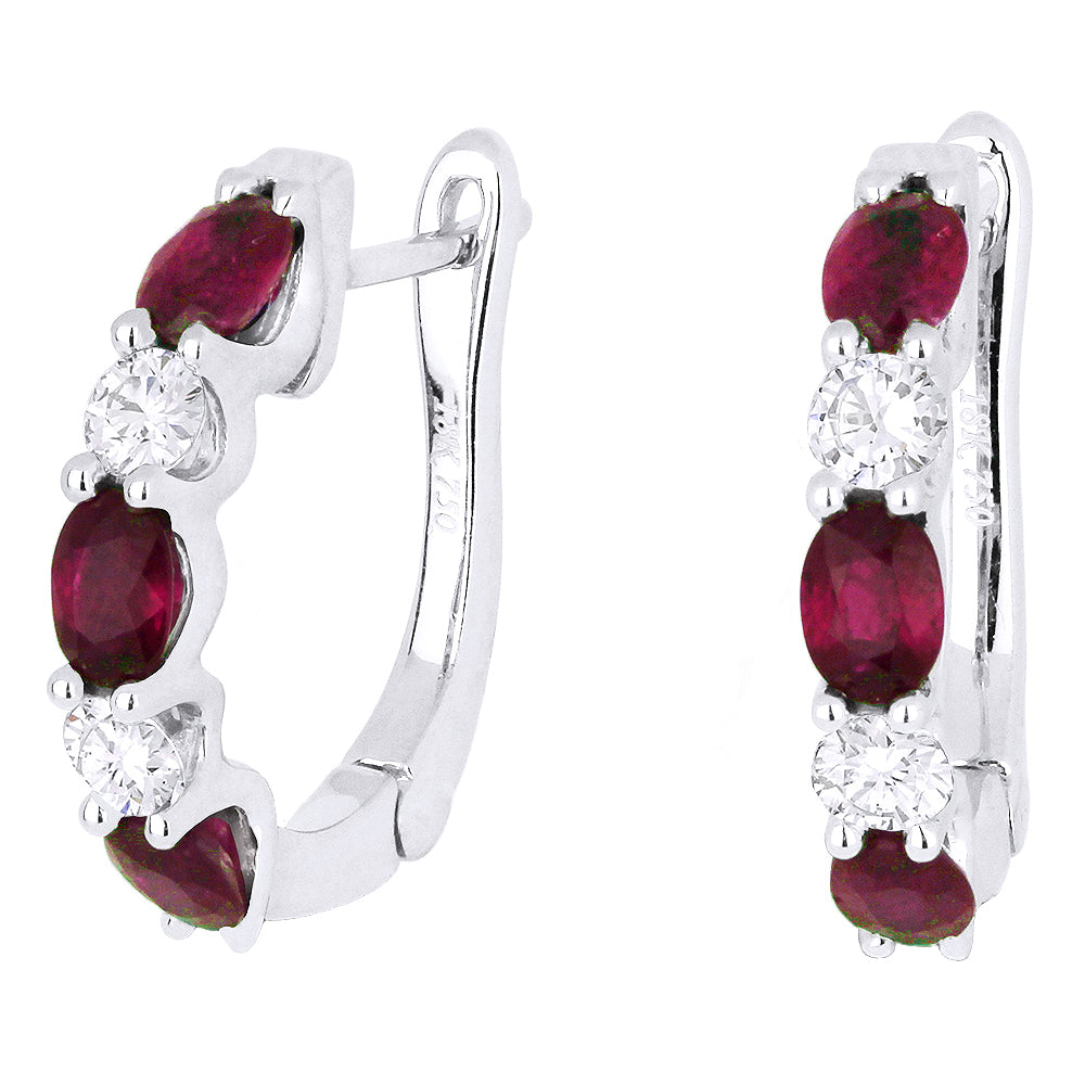Beautiful Hand Crafted 14K White Gold 17MM Ruby And Diamond Arianna Collection Hoop Earrings With A Hoop Closure