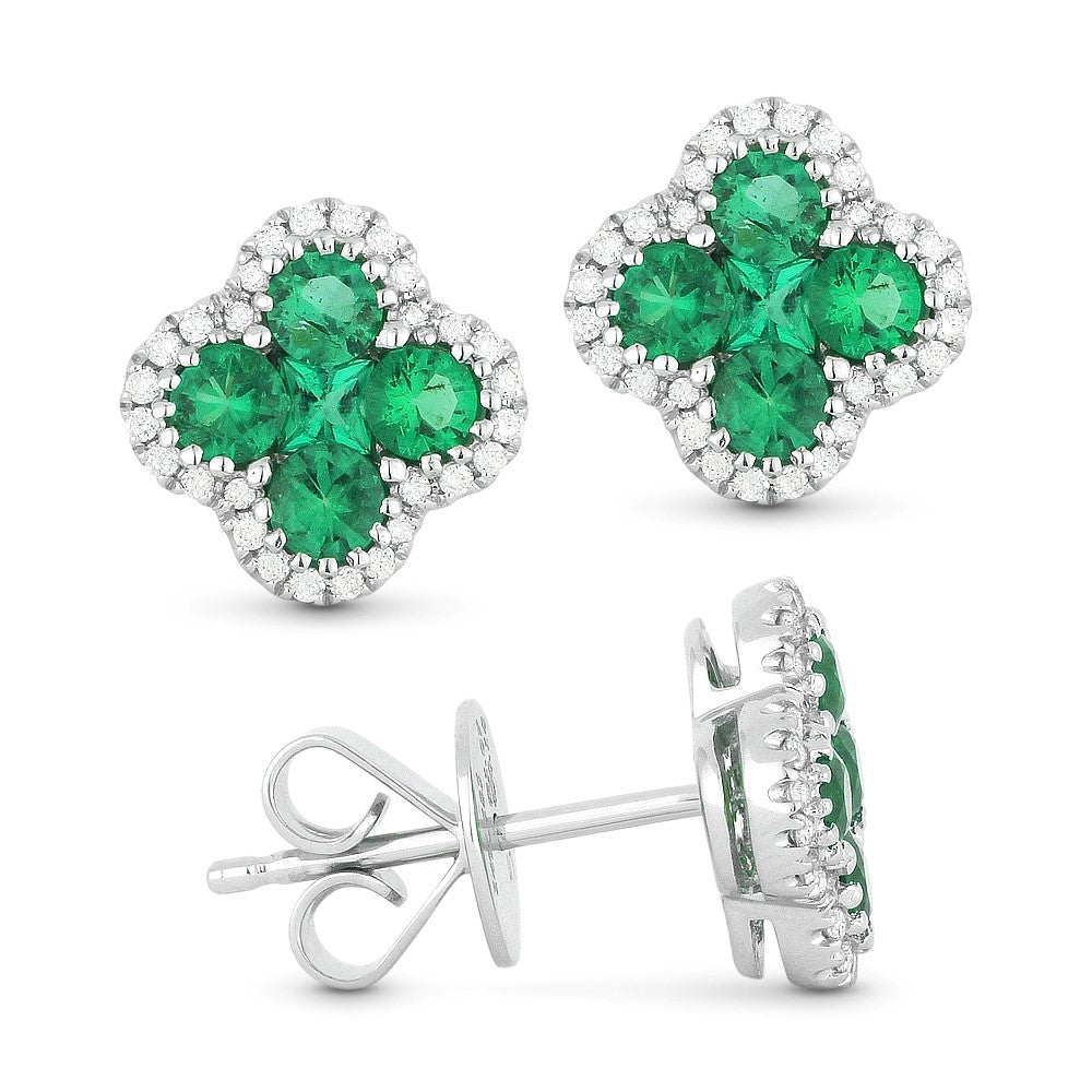 Beautiful Hand Crafted 14K White Gold  Emerald And Diamond Arianna Collection Stud Earrings With A Push Back Closure