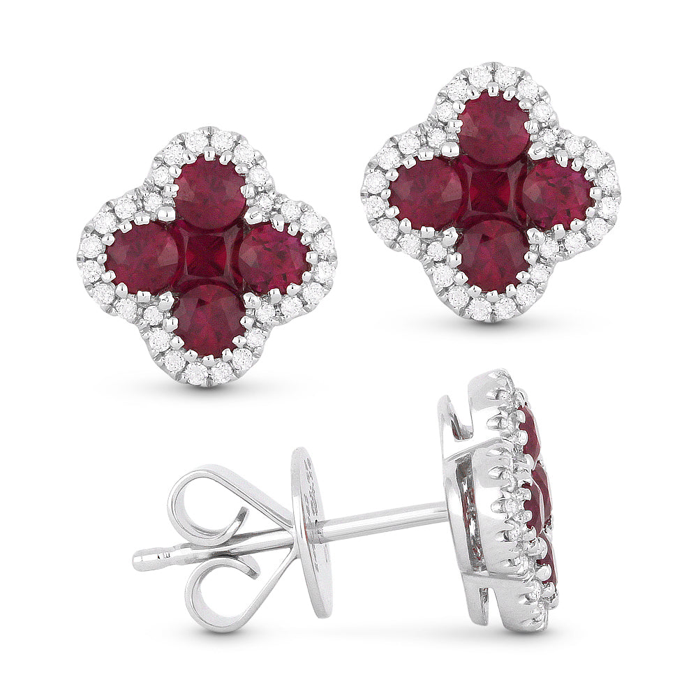 Beautiful Hand Crafted 14K White Gold 3MM Ruby And Diamond Arianna Collection Stud Earrings With A Push Back Closure