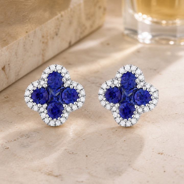 E1201 - 14K White Gold Emerald, Ruby & Sapphire Clover Stud Earrings
