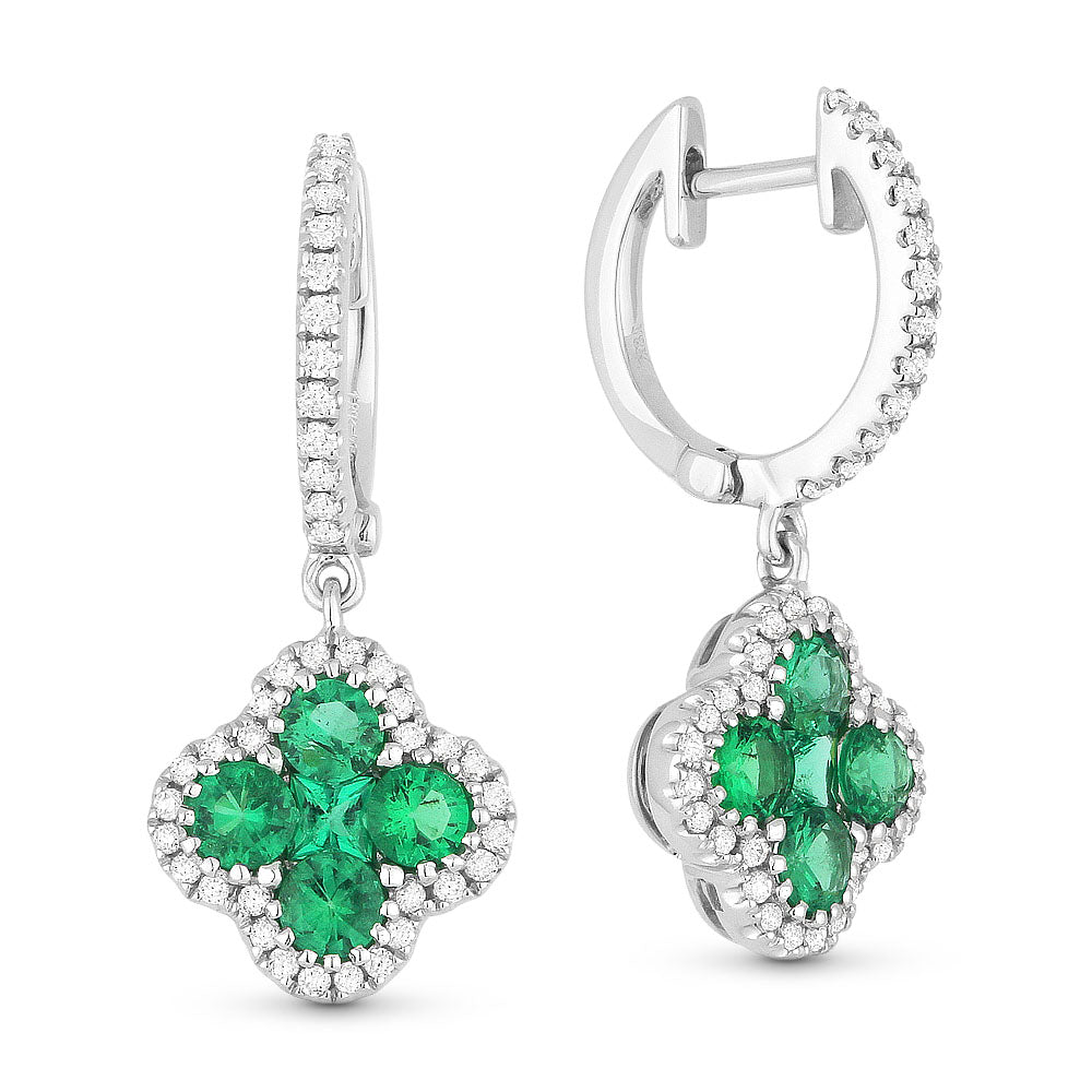 Beautiful Hand Crafted 18K White Gold  Emerald And Diamond Arianna Collection Drop Dangle Earrings With A Lever Back Closure