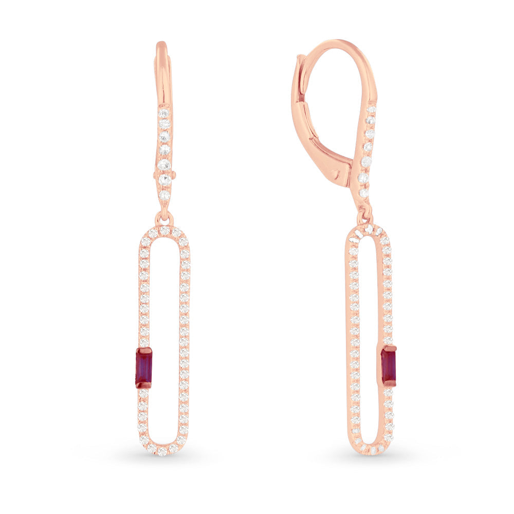 Beautiful Hand Crafted 14K Rose Gold  Ruby And Diamond Arianna Collection Drop Dangle Earrings With A Lever Back Closure
