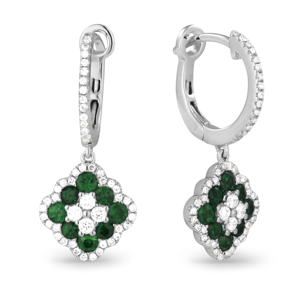 Beautiful Hand Crafted 14K White Gold  Emerald And Diamond Arianna Collection Drop Dangle Earrings With A Lever Back Closure