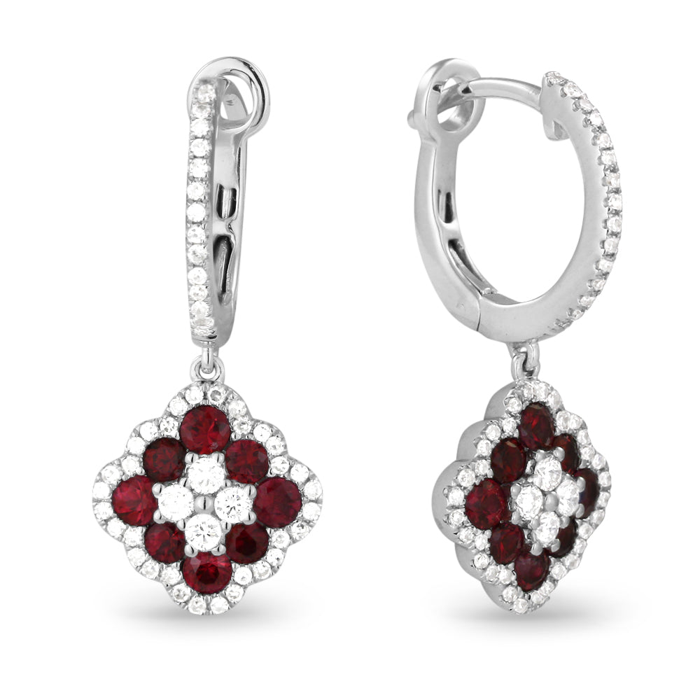 Beautiful Hand Crafted 14K White Gold  Ruby And Diamond Arianna Collection Drop Dangle Earrings With A Lever Back Closure