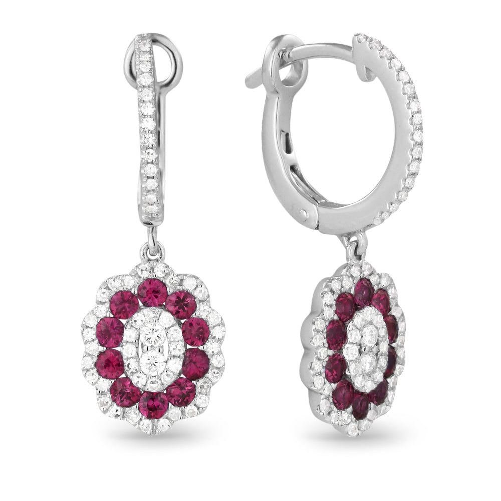 Beautiful Hand Crafted 14K White Gold  Ruby And Diamond Arianna Collection Drop Dangle Earrings With A Lever Back Closure