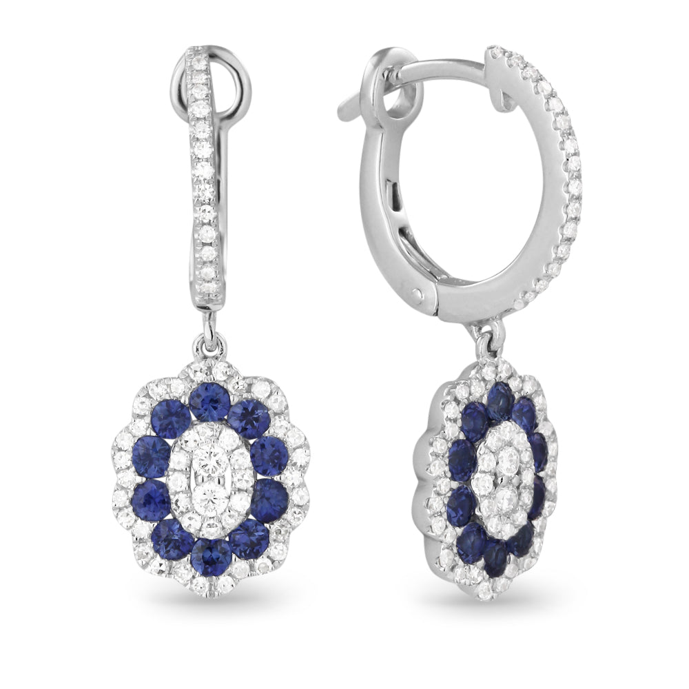 Beautiful Hand Crafted 14K White Gold  Sapphire And Diamond Arianna Collection Drop Dangle Earrings With A Lever Back Closure