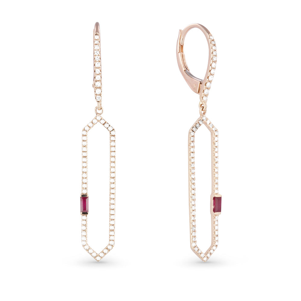 Beautiful Hand Crafted 14K Rose Gold  Ruby And Diamond Arianna Collection Drop Dangle Earrings With A Lever Back Closure