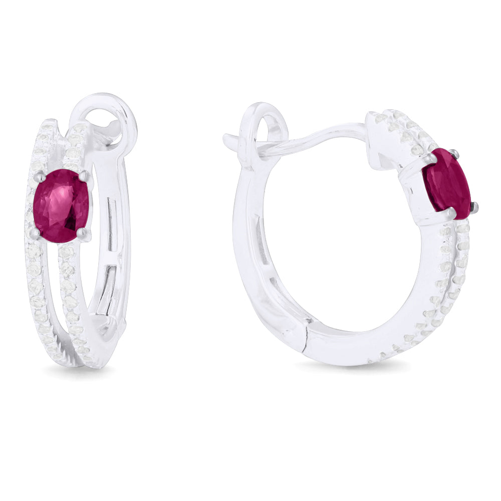 Beautiful Hand Crafted 14K White Gold  Ruby And Diamond Arianna Collection Hoop Earrings With A Hoop Closure