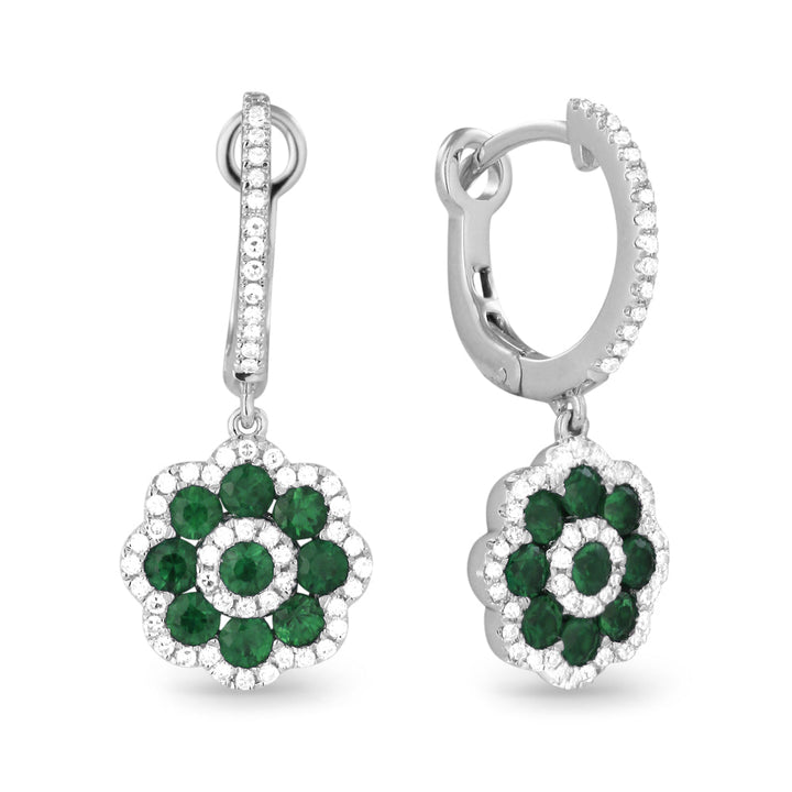 Beautiful Hand Crafted 14K White Gold  Emerald And Diamond Arianna Collection Drop Dangle Earrings With A Lever Back Closure