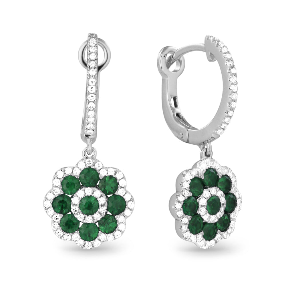 Beautiful Hand Crafted 14K White Gold  Emerald And Diamond Arianna Collection Drop Dangle Earrings With A Lever Back Closure