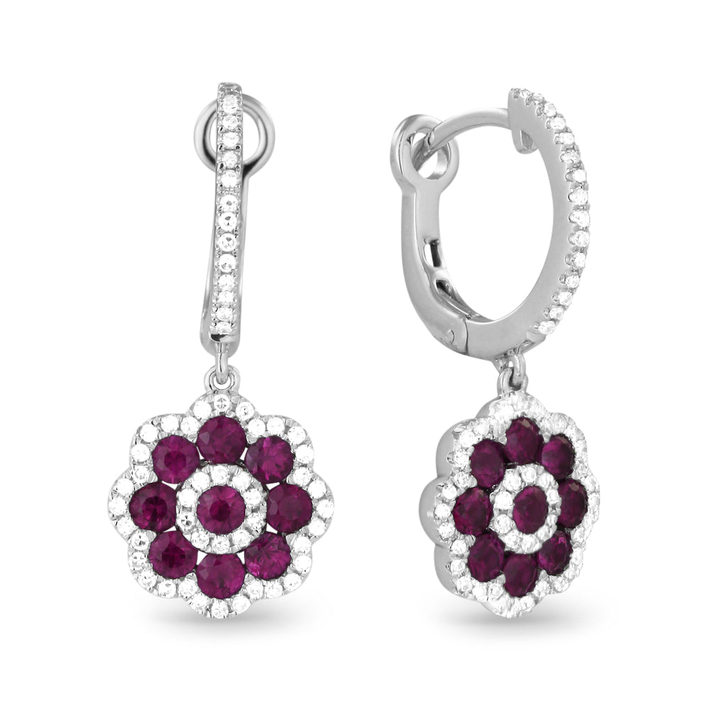 Beautiful Hand Crafted 14K White Gold  Ruby And Diamond Arianna Collection Drop Dangle Earrings With A Lever Back Closure