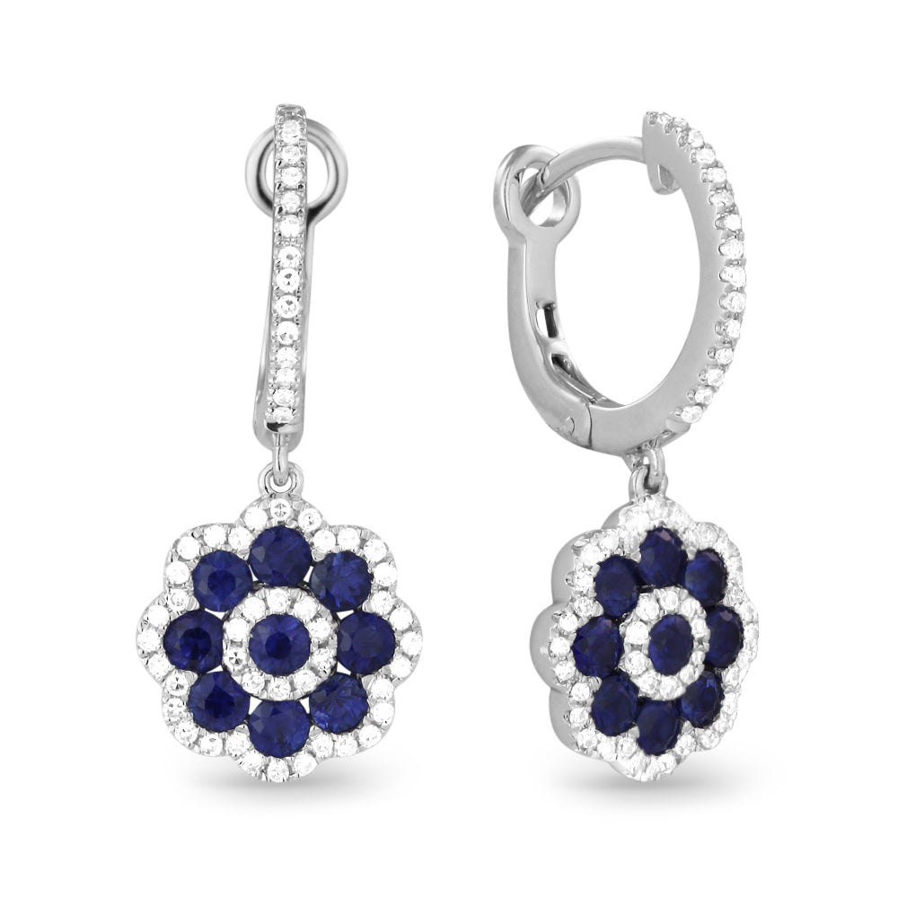 Beautiful Hand Crafted 14K White Gold  Sapphire And Diamond Arianna Collection Drop Dangle Earrings With A Lever Back Closure