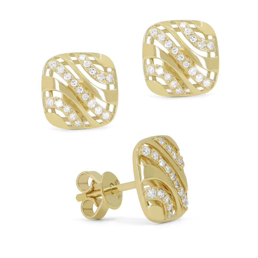 Beautiful Hand Crafted 14K Yellow Gold White Diamond Milano Collection Stud Earrings With A Push Back Closure