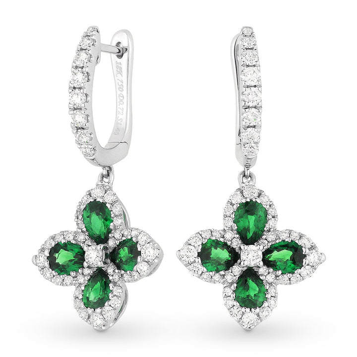 Beautiful Hand Crafted 18K White Gold  Emerald And Diamond Arianna Collection Drop Dangle Earrings With A Lever Back Closure