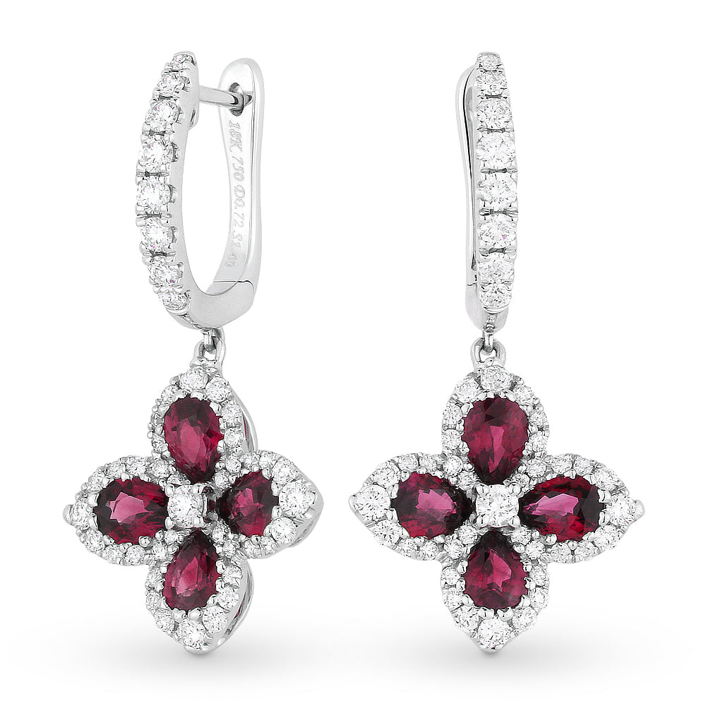Beautiful Hand Crafted 18K White Gold  Ruby And Diamond Arianna Collection Drop Dangle Earrings With A Lever Back Closure