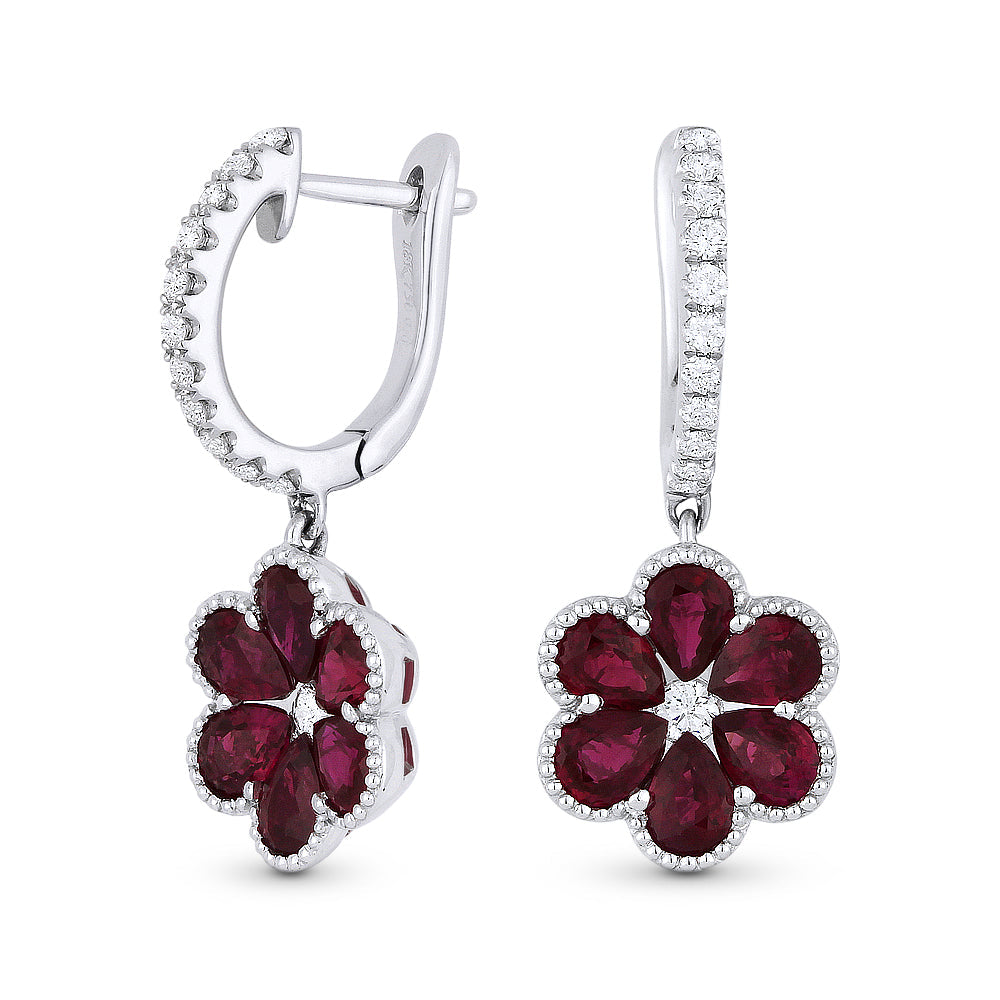 Beautiful Hand Crafted 18K White Gold  Ruby And Diamond Arianna Collection Drop Dangle Earrings With A Lever Back Closure