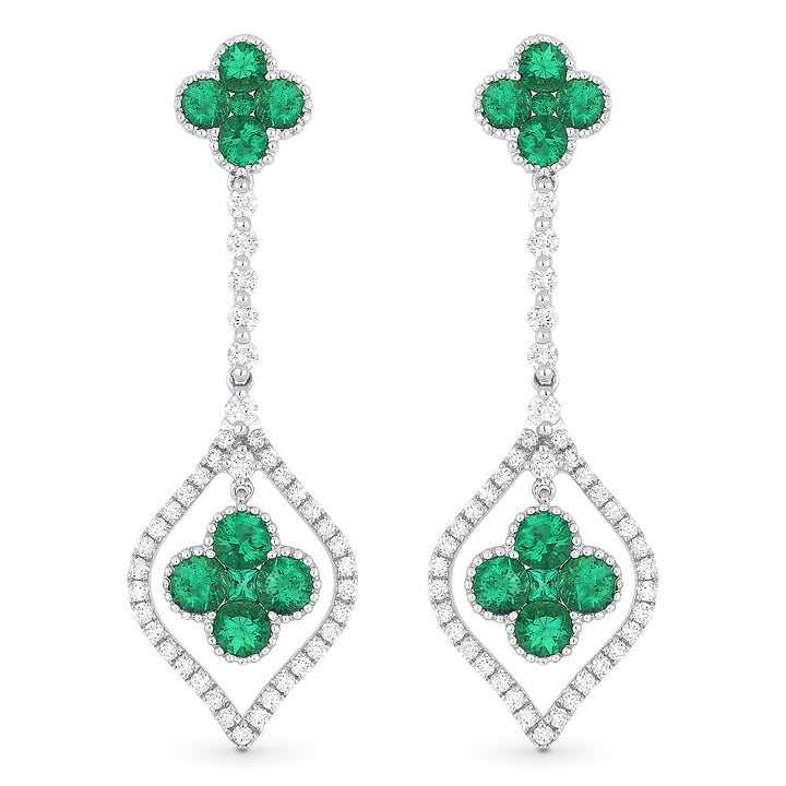 Beautiful Hand Crafted 18K White Gold  Emerald And Diamond Arianna Collection Drop Dangle Earrings With A Lever Back Closure