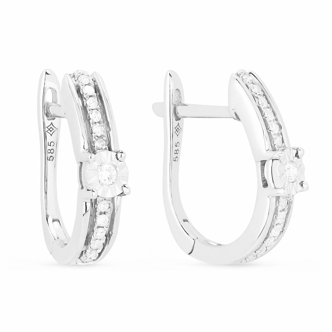 Beautiful Hand Crafted 14K White Gold White Diamond Milano Collection Hoop Earrings With A Push Back Closure