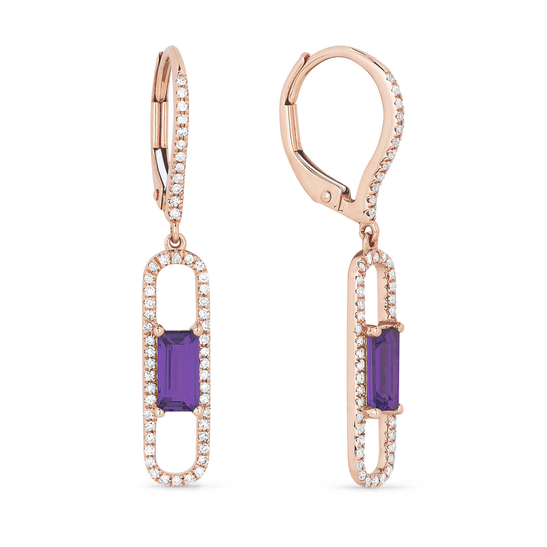 Beautiful Hand Crafted 14K Rose Gold 3X6MM Amethyst And Diamond Eclectica Collection Drop Dangle Earrings With A Lever Back Closure