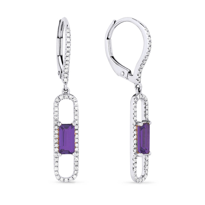 Beautiful Hand Crafted 14K White Gold 3X6MM Amethyst And Diamond Eclectica Collection Drop Dangle Earrings With A Lever Back Closure