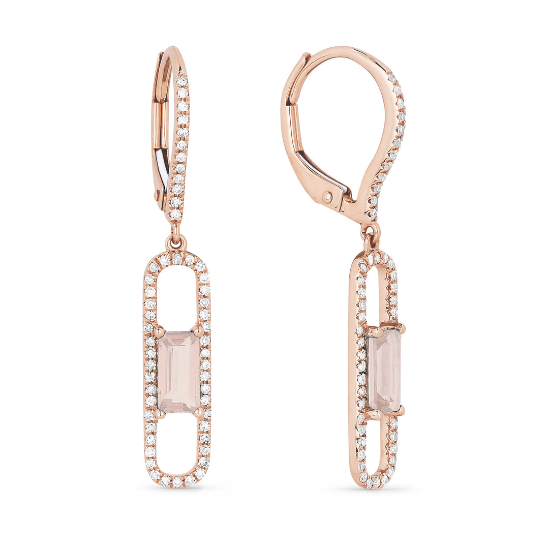 Beautiful Hand Crafted 14K Rose Gold 3X6MM Created Morganite And Diamond Eclectica Collection Drop Dangle Earrings With A Lever Back Closure