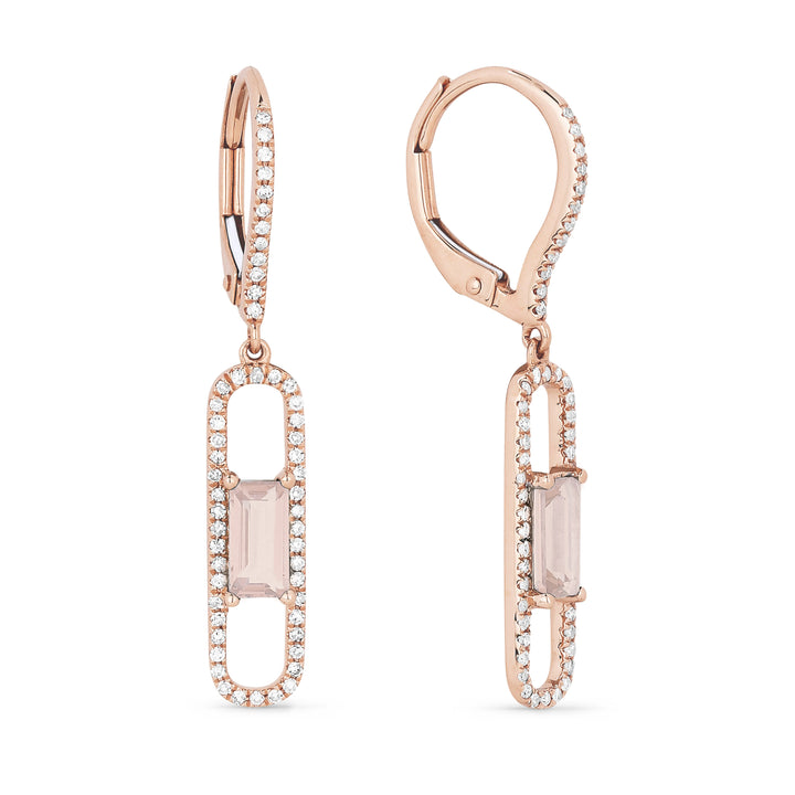 Beautiful Hand Crafted 14K Rose Gold 3X6MM Created Morganite And Diamond Eclectica Collection Drop Dangle Earrings With A Lever Back Closure