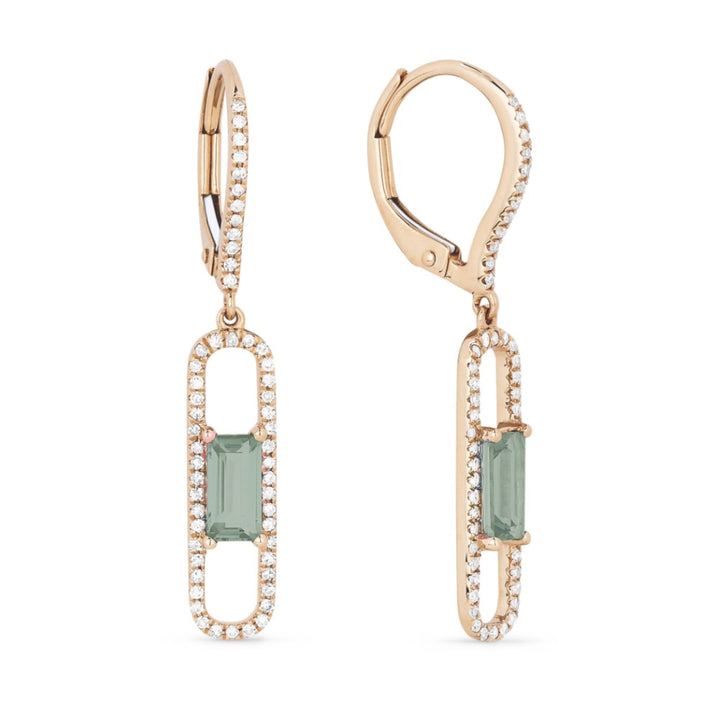 Beautiful Hand Crafted 14K Rose Gold 3X6MM Green Amethyst And Diamond Eclectica Collection Drop Dangle Earrings With A Lever Back Closure