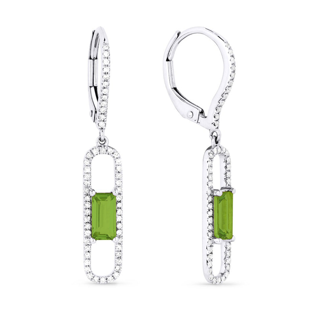 Beautiful Hand Crafted 14K White Gold 3X6MM Peridot And Diamond Eclectica Collection Drop Dangle Earrings With A Lever Back Closure