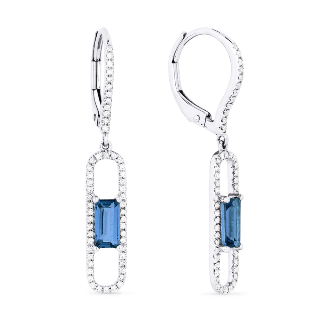 Beautiful Hand Crafted 14K White Gold 3X6MM Swiss Blue Topaz And Diamond Eclectica Collection Drop Dangle Earrings With A Lever Back Closure