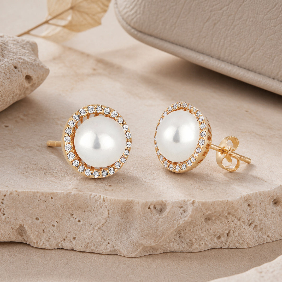 E1266 - 14K Gold Pearl Round Stud Earrings