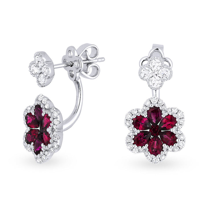 Beautiful Hand Crafted 18K White Gold  Ruby And Diamond Arianna Collection Drop Dangle Earrings With A Lever Back Closure