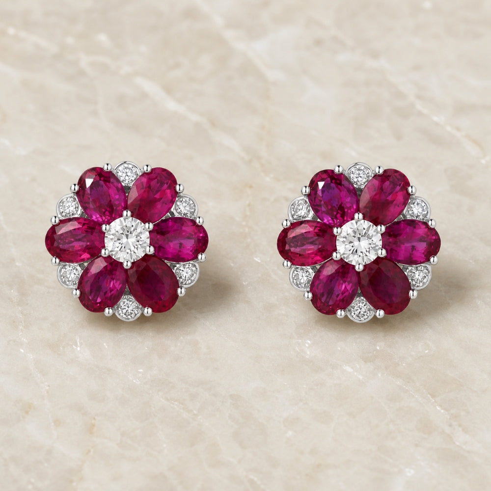 E1283 - 18K White Gold Emerald, Ruby & Sapphire Flower Stud Earrings
