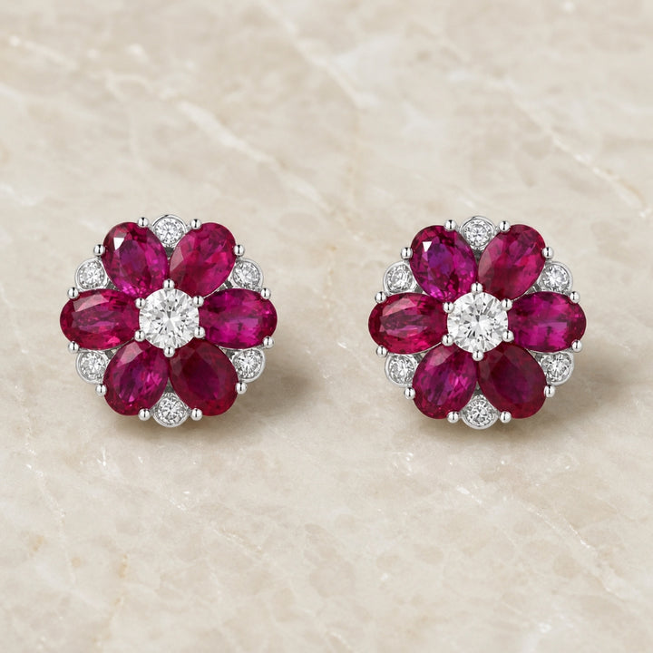 E1283 - 18K White Gold Emerald, Ruby & Sapphire Flower Stud Earrings