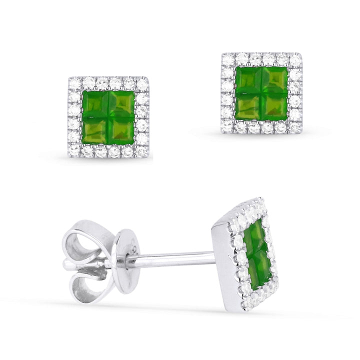 Beautiful Hand Crafted 14K White Gold 2MM Emerald And Diamond Arianna Collection Stud Earrings With A Push Back Closure