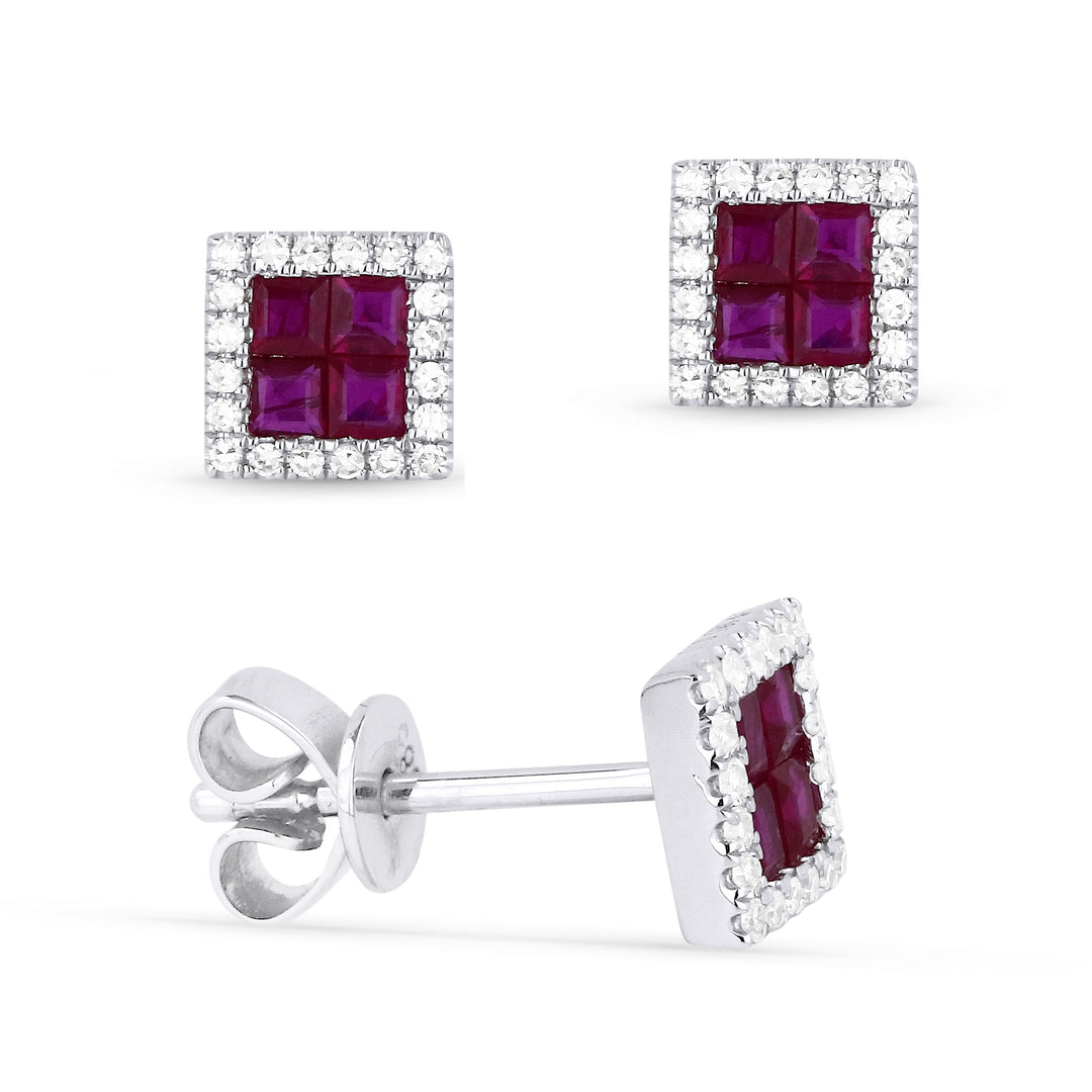 Beautiful Hand Crafted 14K White Gold 2MM Ruby And Diamond Arianna Collection Stud Earrings With A Push Back Closure