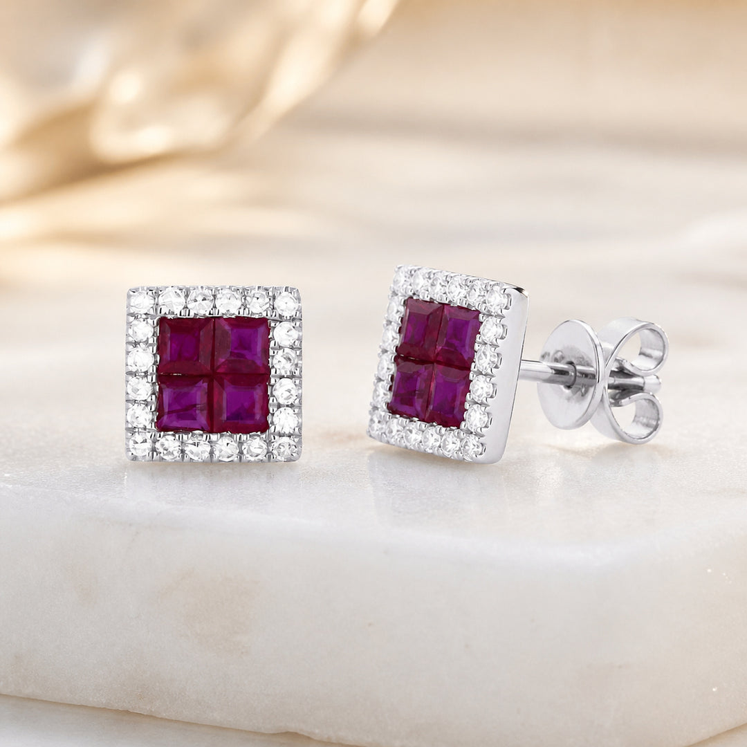 E1300 - 14K White Gold Emerald, Ruby & Sapphire Cushion Stud Earrings