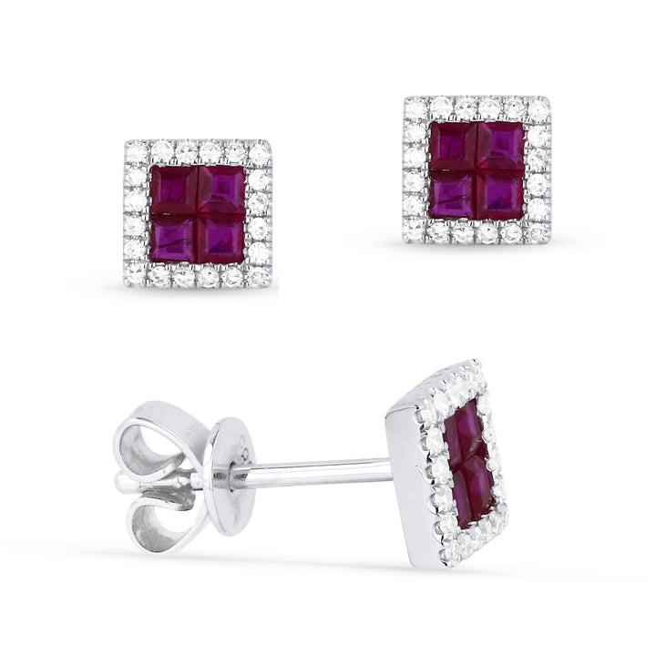 Beautiful Hand Crafted 14K White Gold  Ruby And Diamond Arianna Collection Stud Earrings With A Push Back Closure
