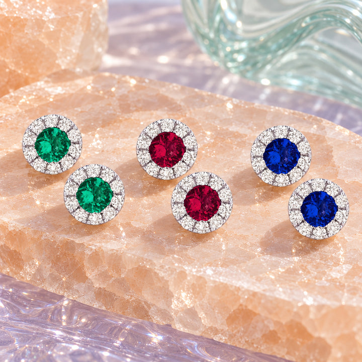 E1307 - 14K White Gold Emerald, Ruby & Sapphire Round Stud Earrings