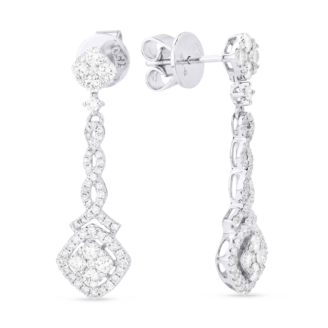 Beautiful Hand Crafted 14K White Gold White Diamond Milano Collection Drop Dangle Earrings With A Lever Back Closure