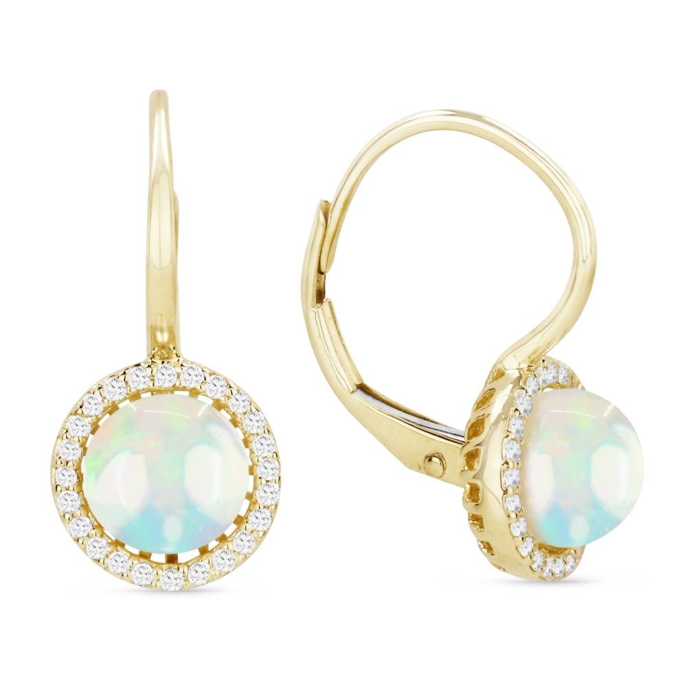 Beautiful Hand Crafted 14K Yellow Gold 6MM Created Ethiopian Opal And Diamond Essentials Collection Drop Dangle Earrings With A Lever Back Closure