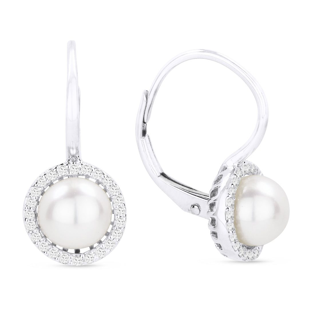 Beautiful Hand Crafted 14K White Gold 6MM Pearl And Diamond Essentials Collection Drop Dangle Earrings With A Lever Back Closure