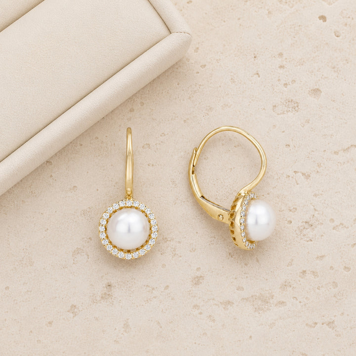 E1316 - 14K Gold Created Ethiopian Opal & Pearl Round Drop Earrings