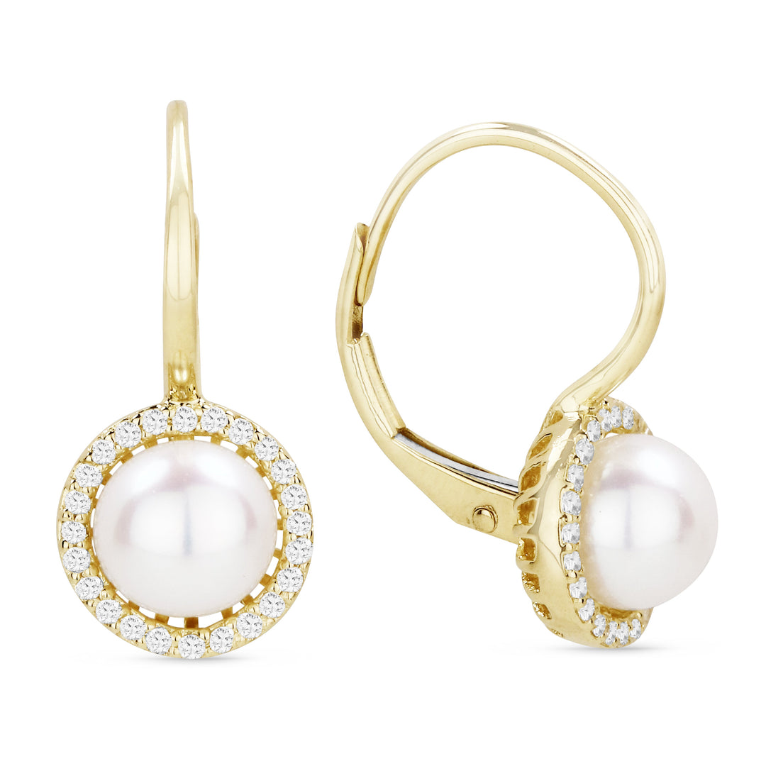 Beautiful Hand Crafted 14K Yellow Gold 6MM Pearl And Diamond Essentials Collection Drop Dangle Earrings With A Lever Back Closure