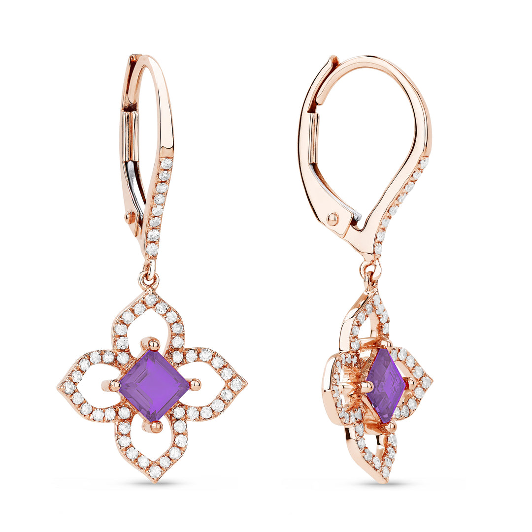 Beautiful Hand Crafted 14K Rose Gold 4MM Amethyst And Diamond Eclectica Collection Drop Dangle Earrings With A Lever Back Closure