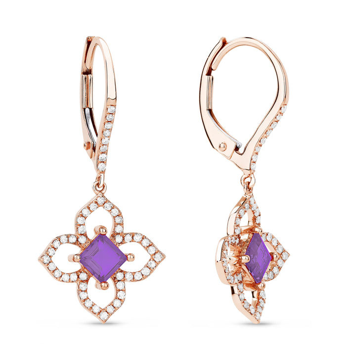 Beautiful Hand Crafted 14K Rose Gold 4MM Amethyst And Diamond Essentials Collection Drop Dangle Earrings With A Lever Back Closure